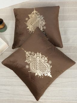 HOSTA HOMES - Soft Velvet Golden Foil Ethnic Printed Cushion Covers - Brown (16 x 16 Inches)