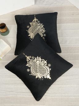 HOSTA HOMES - Soft Velvet Golden Foil Ethnic Printed Cushion Covers - Black (16 x 16 Inches)