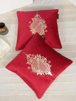HOSTA HOMES - Soft Velvet Golden Foil Ethnic Printed Cushion Covers - Maroon (16 x 16 Inches)