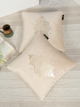 HOSTA HOMES - Soft Velvet Golden Foil Ethnic Printed Cushion Covers - Cream (16 x 16 Inches)