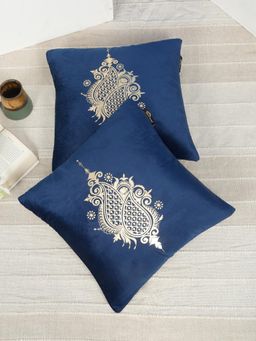 HOSTA HOMES - Soft Velvet Golden Foil Ethnic Printed Cushion Covers - Navy Blue (16 x 16 Inches)