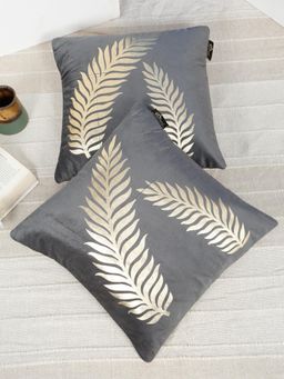 HOSTA HOMES - Soft Velvet Golden Foil Nature Printed Cushion Covers - Grey (16 x 16 Inches)