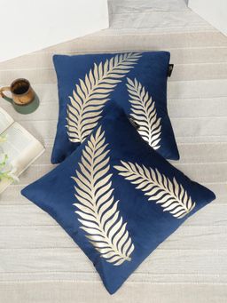 HOSTA HOMES - Soft Velvet Golden Foil Nature Printed Cushion Covers - Navy Blue (16 x 16 Inches)