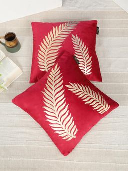 HOSTA HOMES - Soft Velvet Golden Foil Nature Printed Cushion Covers - Maroon (16 x 16 Inches)