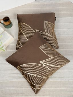 HOSTA HOMES - Soft Velvet Golden Foil Nature Printed Cushion Covers - Brown (16 x 16 Inches)