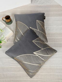 HOSTA HOMES - Soft Velvet Golden Foil Nature Printed Cushion Covers - Grey (16 x 16 Inches)