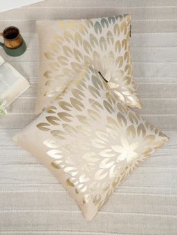 HOSTA HOMES - Soft Velvet Golden Foil Nature Printed Cushion Covers - Cream (16 x 16 Inches)