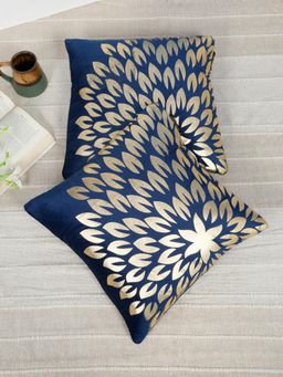 HOSTA HOMES - Soft Velvet Golden Foil Nature Printed Cushion Covers - Blue (16 x 16 Inches)
