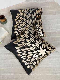 HOSTA HOMES - Soft Velvet Golden Foil Nature Printed Cushion Covers - Black (16 x 16 Inches)