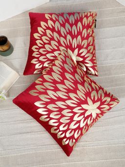 HOSTA HOMES - Soft Velvet Golden Foil Nature Printed Cushion Covers - Maroon (16 x 16 Inches)
