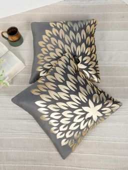 HOSTA HOMES - Soft Velvet Golden Foil Nature Printed Cushion Covers - Grey (16 x 16 Inches)