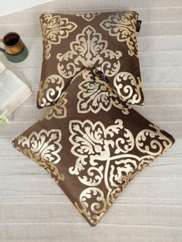 HOSTA HOMES - Soft Velvet Golden Foil Ethnic Printed Cushion Covers - Brown (16 x 16 Inches)
