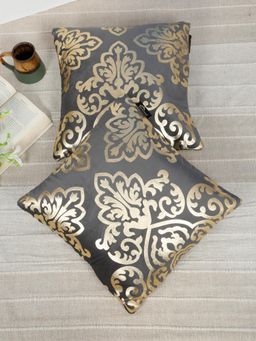 HOSTA HOMES - Soft Velvet Golden Foil Ethnic Printed Cushion Covers - Grey (16 x 16 Inches)