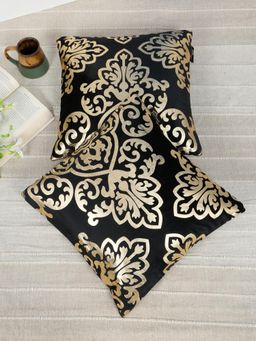 HOSTA HOMES - Soft Velvet Golden Foil Ethnic Printed Cushion Covers - Black (16 x 16 Inches)