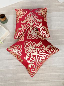 HOSTA HOMES - Soft Velvet Golden Foil Ethnic Printed Cushion Covers - Maroon (16 x 16 Inches)