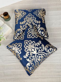 HOSTA HOMES - Soft Velvet Golden Foil Ethnic Printed Cushion Covers - Navy Blue (16 x 16 Inches)
