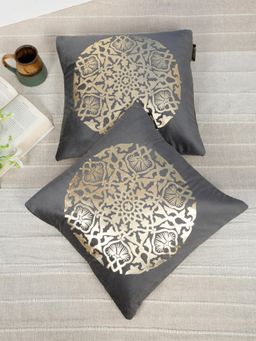 HOSTA HOMES - Soft Velvet Golden Foil Ethnic Printed Cushion Covers - Grey (16 x 16 Inches)