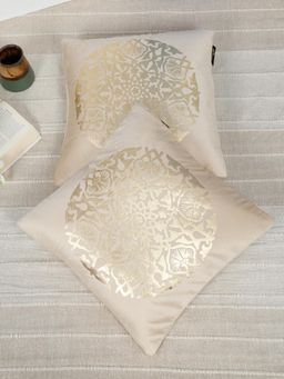 HOSTA HOMES - Soft Velvet Golden Foil Ethnic Printed Cushion Covers - Cream (16 x 16 Inches)