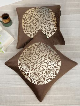 HOSTA HOMES - Soft Velvet Golden Foil Ethnic Printed Cushion Covers - Brown (16 x 16 Inches)