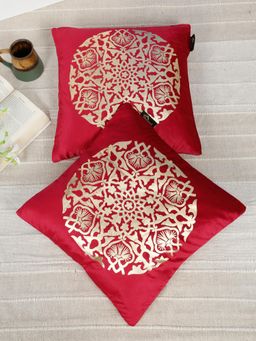 HOSTA HOMES - Soft Velvet Golden Foil Ethnic Printed Cushion Covers - Maroon (16 x 16 Inches)