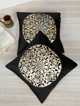HOSTA HOMES - Soft Velvet Golden Foil Ethnic Printed Cushion Covers - Black (16 x 16 Inches)