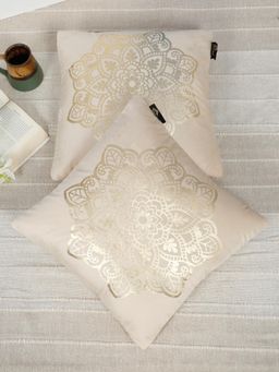 HOSTA HOMES - Soft Velvet Golden Foil Ethnic Printed Cushion Covers - Cream (16 x 16 Inches)