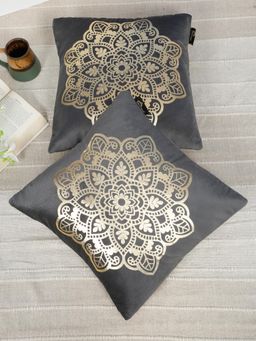 HOSTA HOMES - Soft Velvet Golden Foil Ethnic Printed Cushion Covers - Grey (16 x 16 Inches)