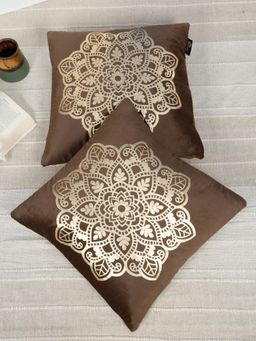 HOSTA HOMES - Soft Velvet Golden Foil Ethnic Printed Cushion Covers - Brown (16 x 16 Inches)