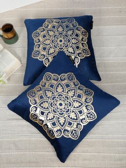 HOSTA HOMES - Soft Velvet Golden Foil Ethnic Printed Cushion Covers - Navy Blue (16 x 16 Inches)