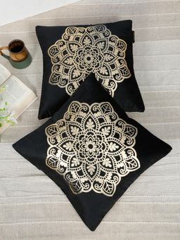 HOSTA HOMES - Soft Velvet Golden Foil Ethnic Printed Cushion Covers - Black (16 x 16 Inches)