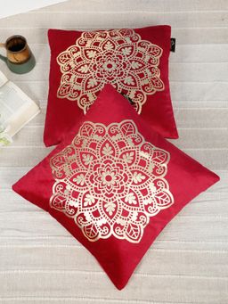 HOSTA HOMES - Soft Velvet Golden Foil Ethnic Printed Cushion Covers - Maroon (16 x 16 Inches)