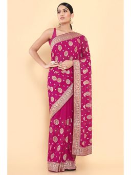 Soch - Women Magenta Georgette Embroidered Saree with Unstitched Blouse