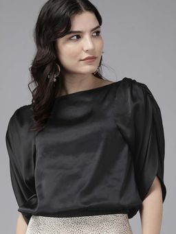 MISH - Black Colour Straight Fit Satin Top