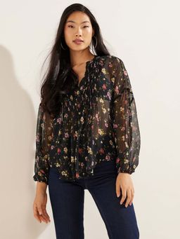 Guess - Women Black Printed V-Neck Top