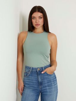 Guess - Women Green Solid Round Neck Sleeveless Mora Cut Out Back Top