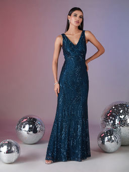 RSVP by Nykaa Fashion - Teal V Neck Sleeveless Sequins Gown