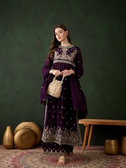 Miss Ethnik - Purple Round Neck Full Sleeves Kurta and Palazzo and Dupatta (Set of 3)