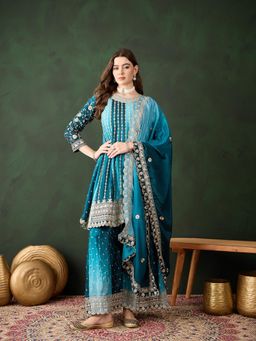 Miss Ethnik - Blue Round Neck Three Fourth Sleeves Kurta and Palazzo and Dupatta (Set of 3)