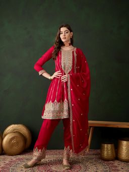 Miss Ethnik - Maroon Round Neck Three Fourth Sleeves Kurta and Pant and Dupatta (Set of 3)