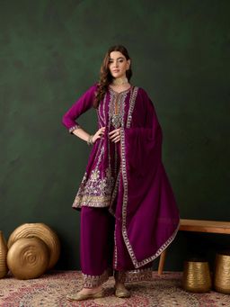 Miss Ethnik - Purple V-Neck Three Fourth Sleeves Kurta and Palazzo and Dupatta (Set of 3)