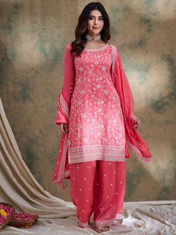 Miss Ethnik - Pink Round Neck Three Fourth Sleeves Kurta and Palazzo and Dupatta (Set of 3)