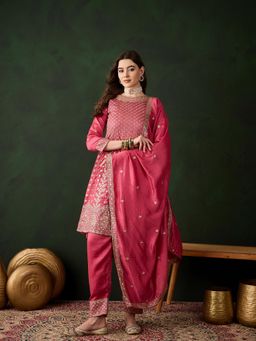 Miss Ethnik - Pink Round Neck Three Fourth Sleeves Kurta and Pant and Dupatta (Set of 3)