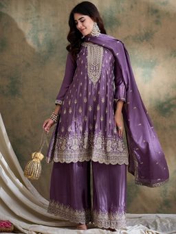 Miss Ethnik - Purple Round Neck Three Fourth Sleeves Kurta and Palazzo and Dupatta