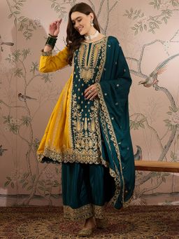 Miss Ethnik - Yellow Round Neck Three Fourth Sleeves Kurta and Palazzo and Dupatta (Set of 3)