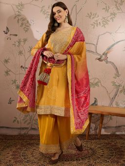 Miss Ethnik - Yellow Three Fourth Sleeves Kurta and Palazzo and Dupatta (Set of 3)