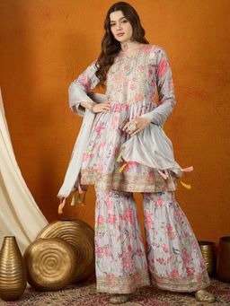 Miss Ethnik - Grey V-Neck Three Fourth Sleeves Kurta and Palazzo and Dupatta (Set of 3)