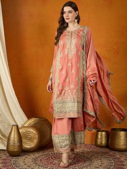 Miss Ethnik - Peach V-Neck Three Fourth Sleeves Kurta and Palazzo and Dupatta (Set of 3)