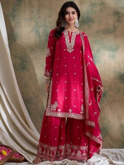 Miss Ethnik - Pink Round Neck Three Fourth Sleeves Kurta and Palazzo and Dupatta (Set of 3)