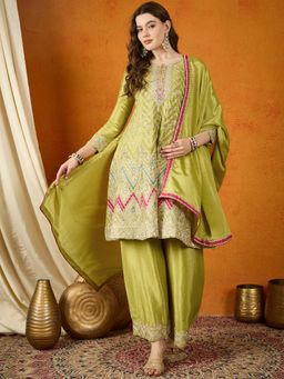 Miss Ethnik - Green Round Neck Three Fourth Sleeves Kurta and Palazzo and Dupatta (Set of 3)