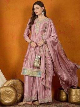 Miss Ethnik - Purple V-Neck Three Fourth Sleeves Kurta and Palazzo and Dupatta (Set of 3)